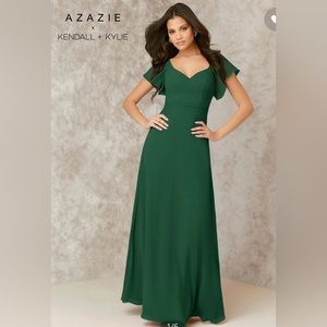 NWT. Azazie x Kendall+Kylie. Flutter Sleeve Chiffon A-Line Dress. Size 12. Pine.